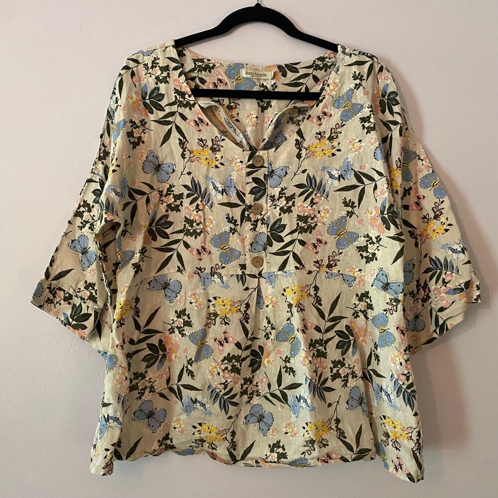 Laura Bianchi Cream Floral Butterfly Linen Tunic Blouse 3/4 Spring Fairy Medium
